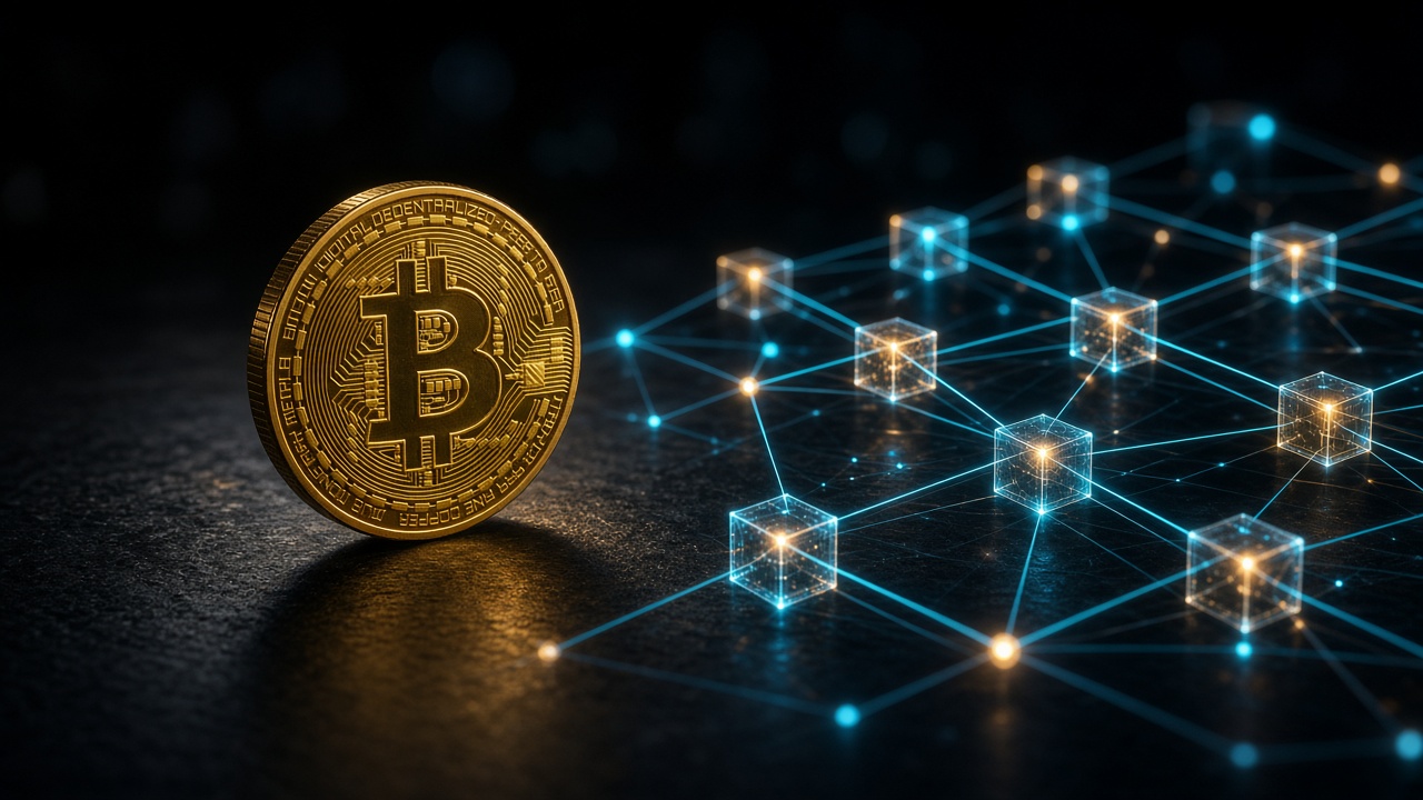 Bitcoin coin with a glowing blockchain network on a dark tech desk