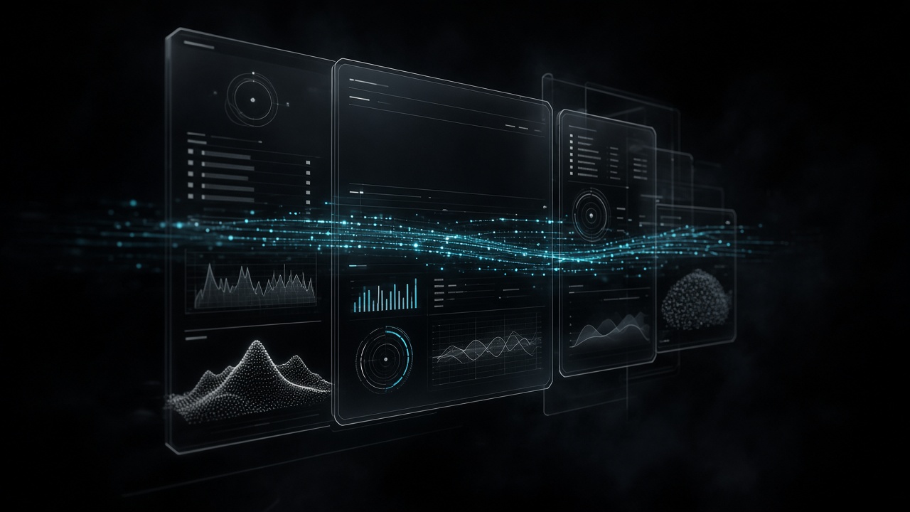 Holographic software interface panels floating in deep space