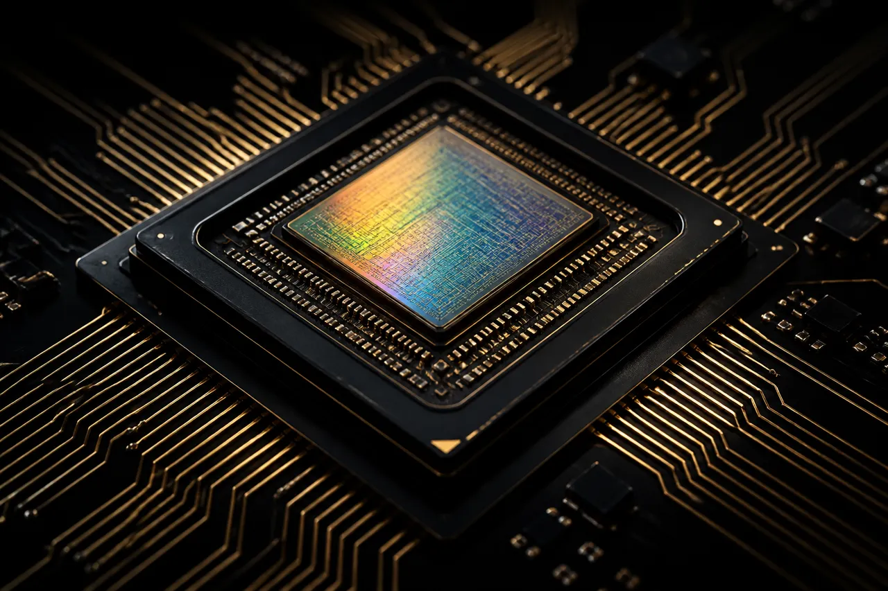 Close up of a modern silicon chip with gold traces on black