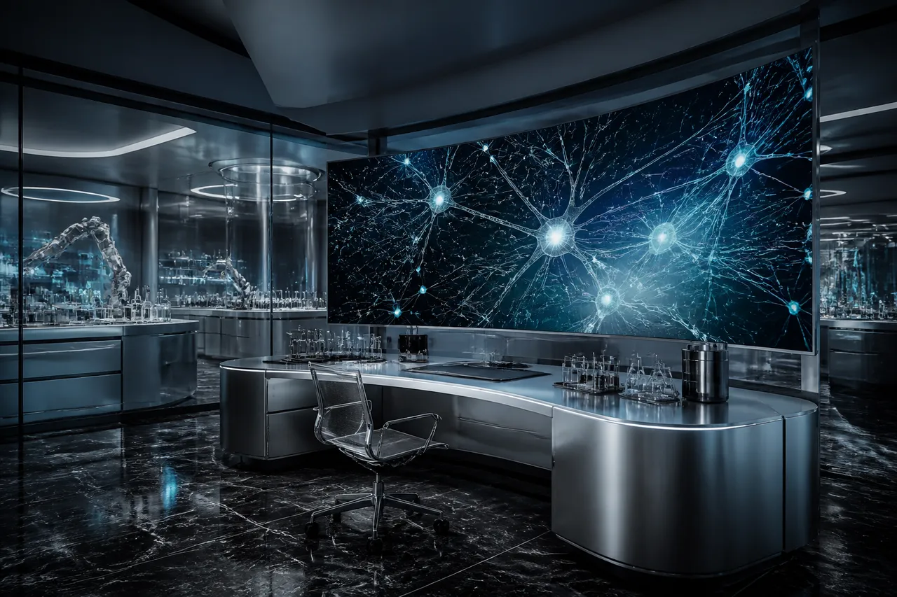 Futuristic technology laboratory with a curved display and glass architecture