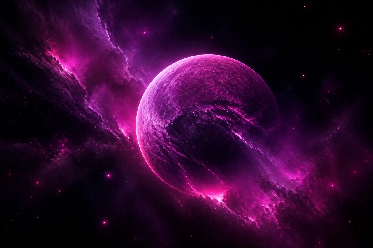 Violet planet wrapped in a magenta nebula