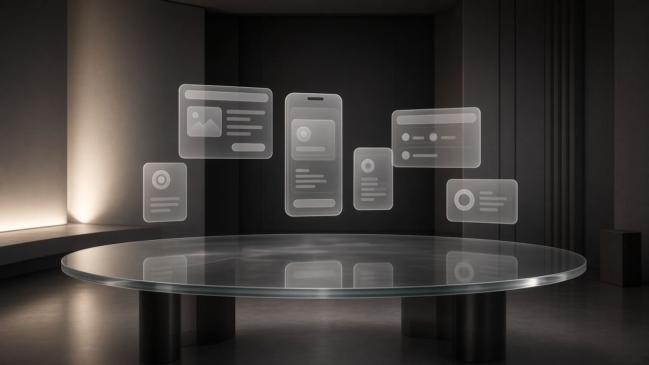 Product design atelier with floating translucent wireframes