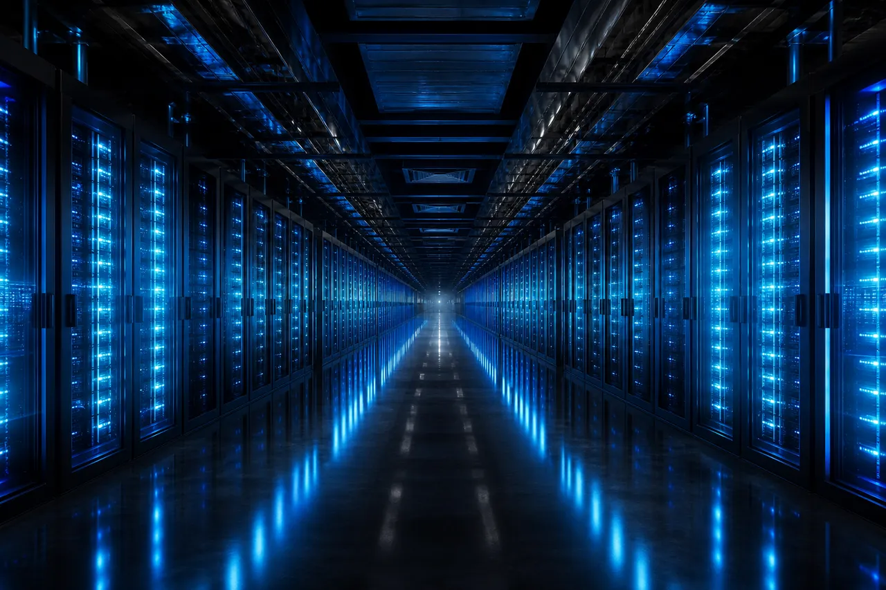 Supercomputer hall with rows of illuminated server racks